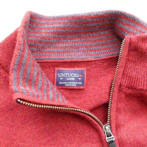 UNTUCKit Sweater Mens Large Red Wool Knit Quarter Zip Pullover Merino Jumper - Picture 6 of 9